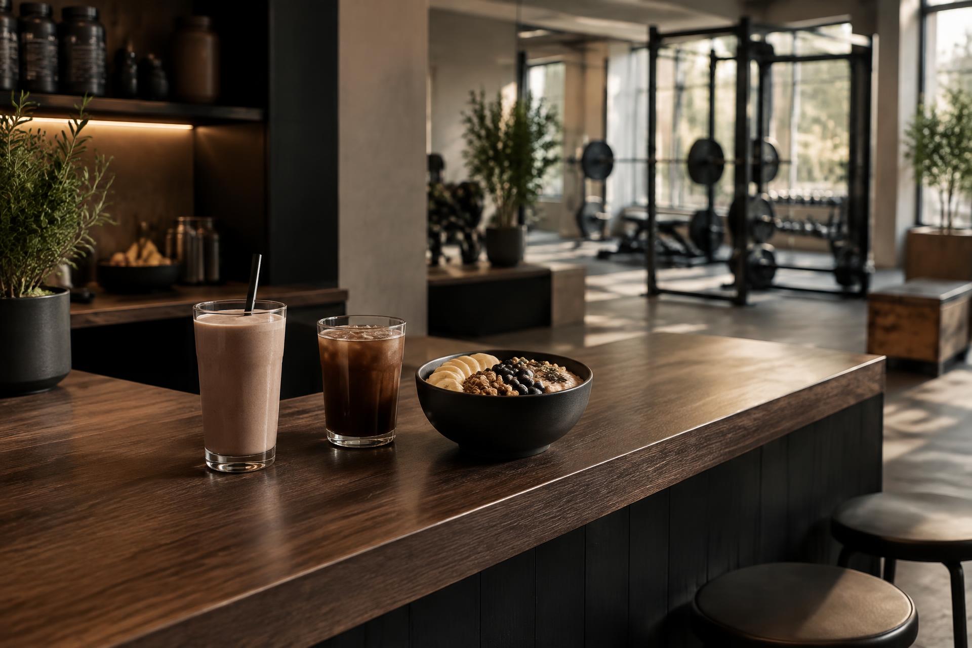 RE:UP-disk med proteinshake, iskaffe og bowl inne på et moderne treningssenter